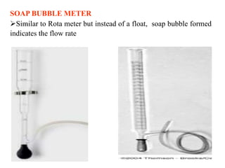 SOAP BUBBLE METER
Similar to Rota meter but instead of a float, soap bubble formed
indicates the flow rate
 