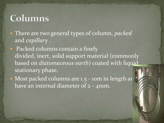  Capillary columns have an internal diameter of a few
 tenths of a millimeter. They can be one of two types;
 wall-coated...