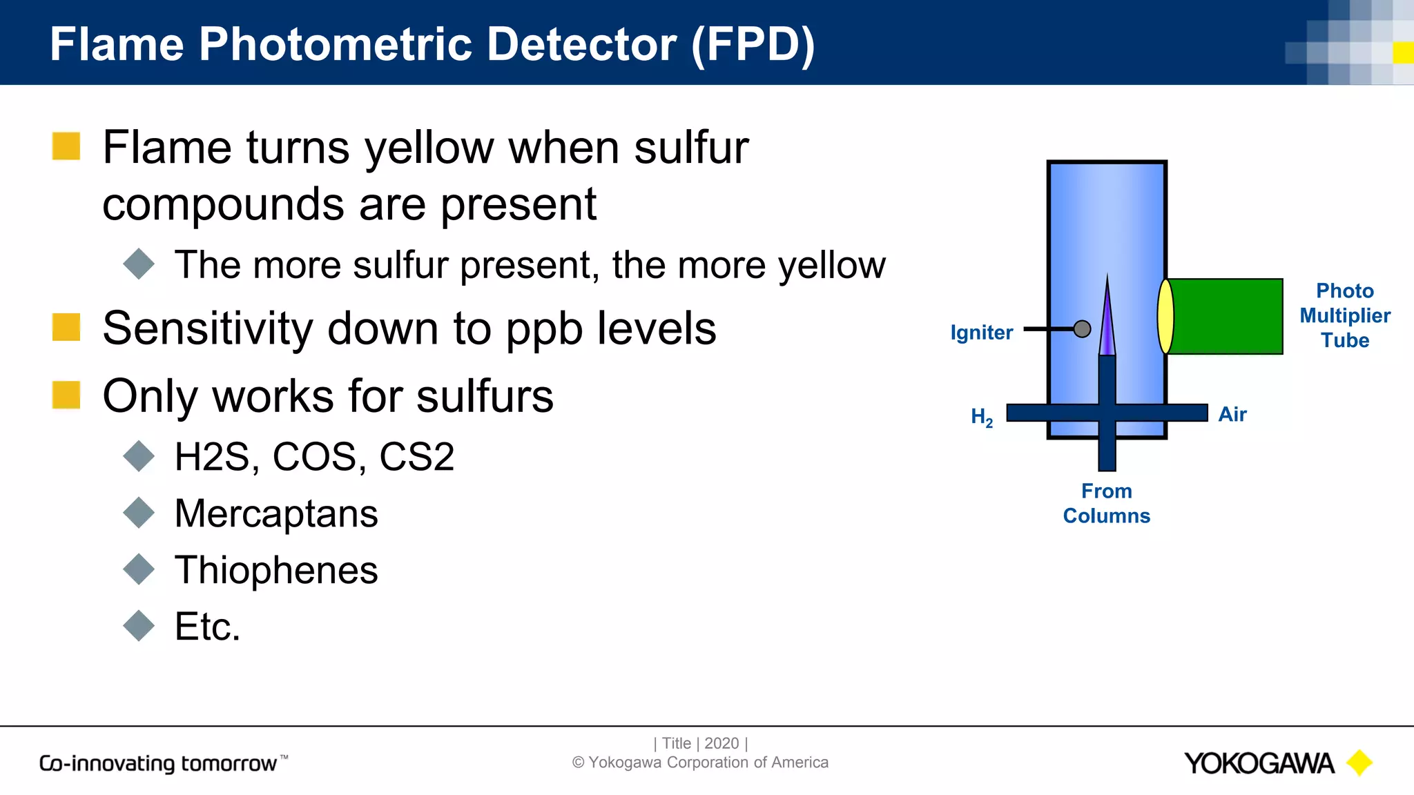| Title | 2020 |
© Yokogawa Corporation of America
Flame Photometric Detector (FPD)
 Flame turns yellow when sulfur
compounds are present
 The more sulfur present, the more yellow
 Sensitivity down to ppb levels
 Only works for sulfurs
 H2S, COS, CS2
 Mercaptans
 Thiophenes
 Etc.
From
Columns
Air
H2
Photo
Multiplier
Tube
Igniter
 