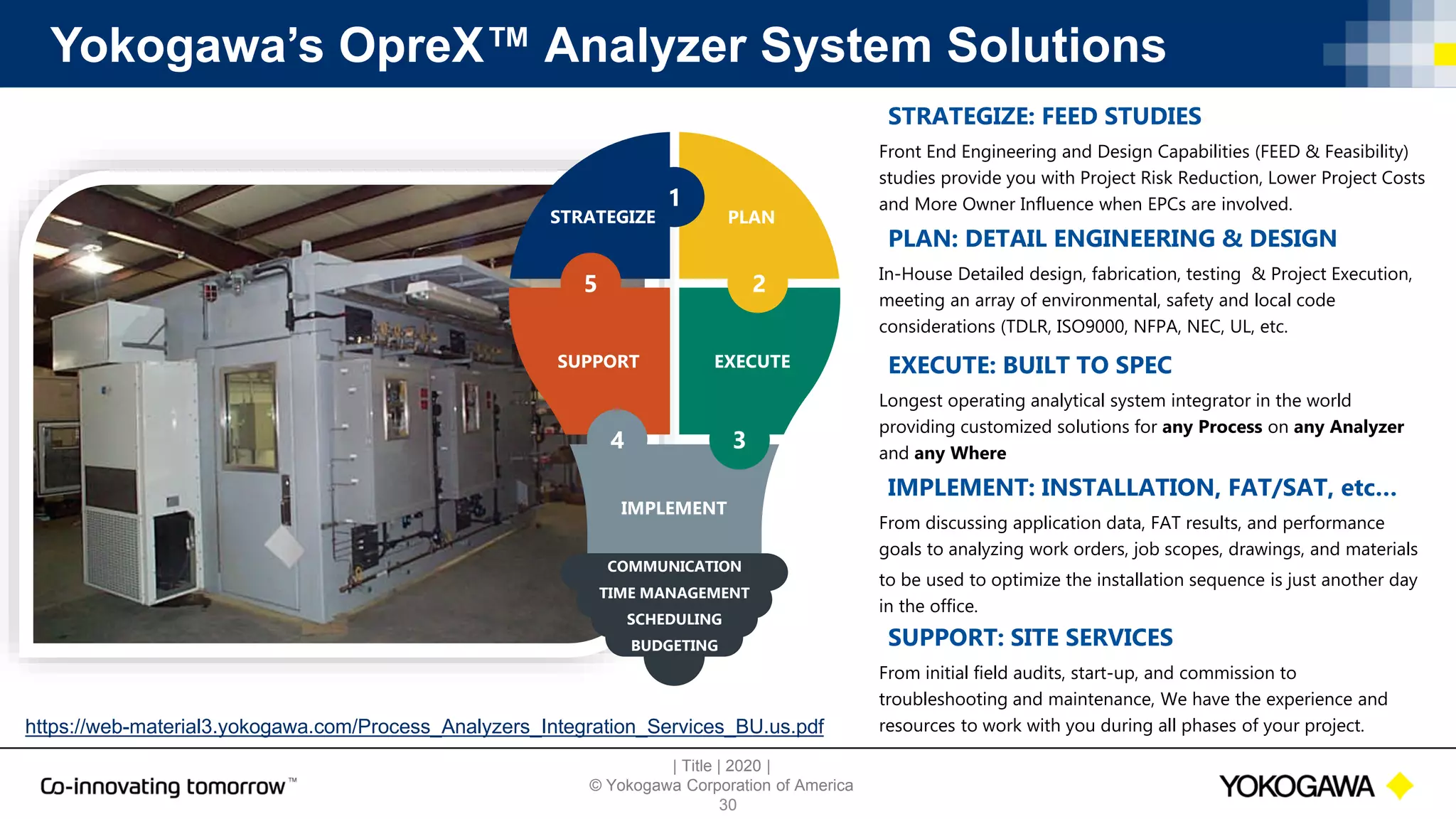 | Title | 2020 |
© Yokogawa Corporation of America
Yokogawa’s OpreX™ Analyzer System Solutions
30
1
2
3
4
5
EXECUTE
SUPPORT
IMPLEMENT
STRATEGIZE PLAN
COMMUNICATION
TIME MANAGEMENT
SCHEDULING
BUDGETING
IMPLEMENT: INSTALLATION, FAT/SAT, etc…
From discussing application data, FAT results, and performance
goals to analyzing work orders, job scopes, drawings, and materials
to be used to optimize the installation sequence is just another day
in the office.
STRATEGIZE: FEED STUDIES
Front End Engineering and Design Capabilities (FEED & Feasibility)
studies provide you with Project Risk Reduction, Lower Project Costs
and More Owner Influence when EPCs are involved.
PLAN: DETAIL ENGINEERING & DESIGN
In-House Detailed design, fabrication, testing & Project Execution,
meeting an array of environmental, safety and local code
considerations (TDLR, ISO9000, NFPA, NEC, UL, etc.
EXECUTE: BUILT TO SPEC
Longest operating analytical system integrator in the world
providing customized solutions for any Process on any Analyzer
and any Where
SUPPORT: SITE SERVICES
From initial field audits, start-up, and commission to
troubleshooting and maintenance, We have the experience and
resources to work with you during all phases of your project.
https://web-material3.yokogawa.com/Process_Analyzers_Integration_Services_BU.us.pdf
 