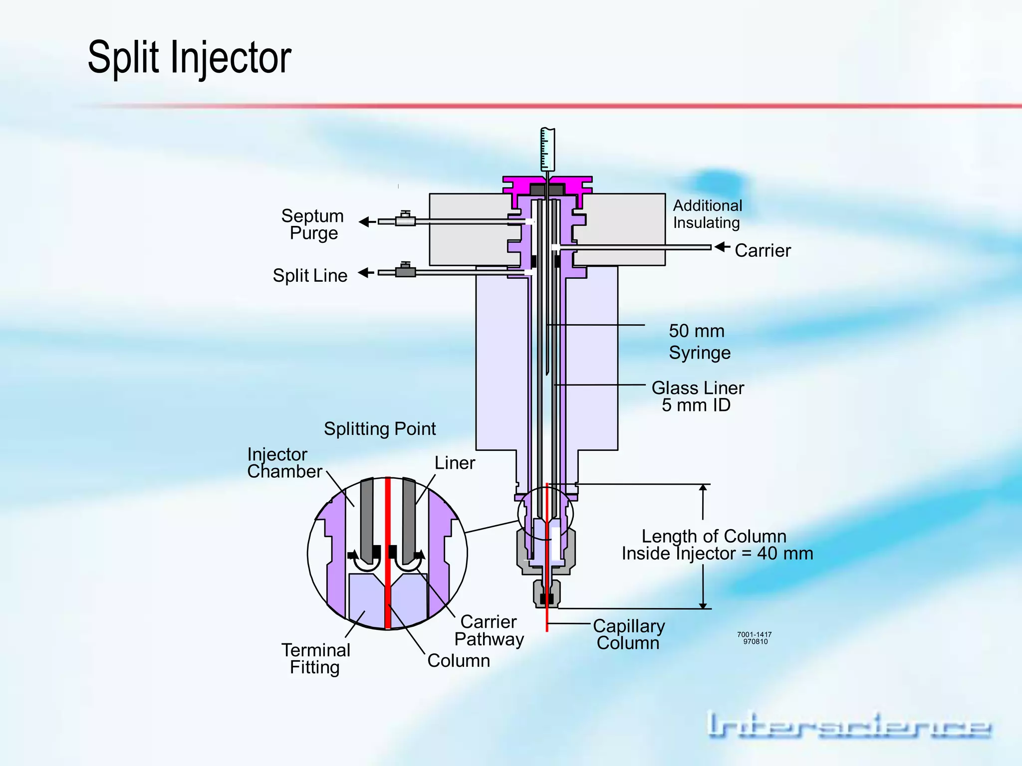 Split Injector 
Additional 
Insulating 
Carrier 
Septum 
Purge 
Split Line 
Glass Liner 
5 mm ID 
Length of Column 
Inside Injector = 40 mm 
Capillary 
Column 
7001-1417 
970810 
50 mm 
Syringe 
Splitting Point 
Liner 
Carrier 
Pathway 
Column 
Injector 
Chamber 
Terminal 
Fitting 
 