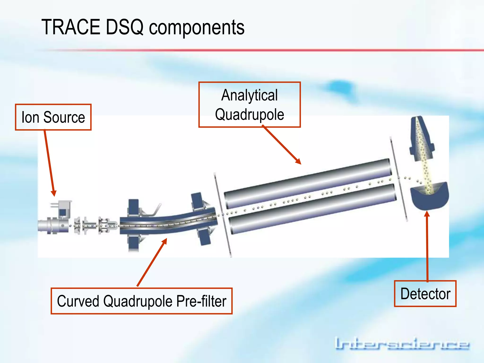 TRACE DSQ components 
Ion Source 
Analytical 
Quadrupole 
Curved Quadrupole Pre-filter 
Detector 
 