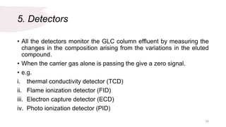 5. Detectors
• All the detectors monitor the GLC column effluent by measuring the
changes in the composition arising from the variations in the eluted
compound.
• When the carrier gas alone is passing the give a zero signal.
• e.g.
i. thermal conductivity detector (TCD)
ii. Flame ionization detector (FID)
iii. Electron capture detector (ECD)
iv. Photo ionization detector (PID)
24
 