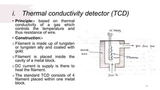 i. Thermal conductivity detector (TCD)
• Principle:- based on thermal
conductivity of a gas which
controls the temperature and
thus resistance of wire.
• Construction:-
o Filament is made up of tungsten
or tungsten ally and coated with
gold.
o Filament is placed inside the
cavity of a metal block.
o DC current is supply is there to
heat the filament.
o The standard TCD consists of 4
filament placed within one metal
block.
25
 
