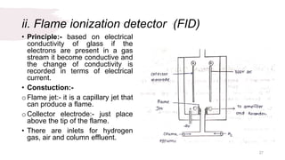 ii. Flame ionization detector (FID)
• Principle:- based on electrical
conductivity of glass if the
electrons are present in a gas
stream it become conductive and
the change of conductivity is
recorded in terms of electrical
current.
• Constuction:-
o Flame jet:- it is a capillary jet that
can produce a flame.
o Collector electrode:- just place
above the tip of the flame.
• There are inlets for hydrogen
gas, air and column effluent.
27
 
