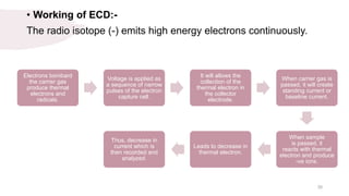 • Working of ECD:-
The radio isotope (-) emits high energy electrons continuously.
Electrons bombard
the carrier gas
produce thermal
electrons and
radicals.
Voltage is applied as
a sequence of narrow
pulses of the electron
capture cell.
It will allows the
collection of the
thermal electron in
the collector
electrode.
When carrier gas is
passed, it will create
standing current or
baseline current.
When sample
is passed, it
reacts with thermal
electron and produce
-ve ions.
Leads to decrease in
thermal electron.
Thus, decrease in
current which is
then recorded and
analyzed.
30
 