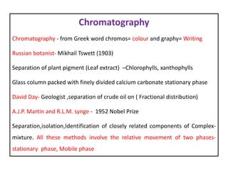 Chromatography
Chromatography - from Greek word chromos= colour and graphy= Writing
Russian botanist- Mikhail Tswett (1903)
Separation of plant pigment (Leaf extract) –Chlorophylls, xanthophylls
Glass column packed with finely divided calcium carbonate stationary phase
David Day- Geologist ,separation of crude oil on ( Fractional distribution)
A.J.P. Martin and R.L.M. synge - 1952 Nobel Prize
Separation,isolation,Identification of closely related components of Complex-
mixture. All these methods involve the relative movement of two phases-
stationary phase, Mobile phase
 