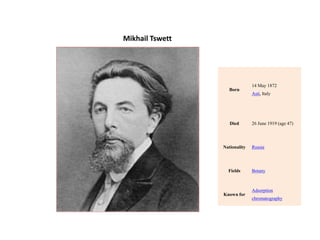 Mikhail Tswett
Born
14 May 1872
Asti, Italy
Died 26 June 1919 (age 47)
Nationality Russia
Fields Botany
Known for
Adsorption
chromatography
 