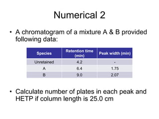 Numerical 2
• A chromatogram of a mixture A & B provided
following data:
• Calculate number of plates in each peak and
HETP if column length is 25.0 cm
Species
Retention time
(min)
Peak width (min)
Unretained 4.2 -
A 6.4 1.75
B 9.0 2.07
 
