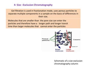 4- Size –Exclusion Chromatography
Gel filtration is used in fractionation mode, uses porous particles to
separate multiple components in a sample on the basis of differences in
their size.
Molecules that are smaller than the pore size can enter the
particles and therefore have a longer path and longer transit
time than larger molecules that cannot enter the particles
Schematic of a size-exclusion
chromatography column
 