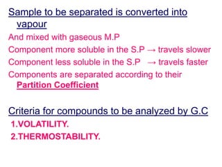 Sample to be separated is converted into 
vapour 
And mixed with gaseous M.P 
Component more soluble in the S.P → travels slower 
Component less soluble in the S.P → travels faster 
Components are separated according to their 
Partition Coefficient 
Criteria for compounds to be analyzed by G.C 
1.VOLATILITY. 
2.THERMOSTABILITY. 
 