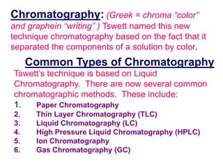 Chromatography: (Greek = chroma “color” 
and graphein “writing” ) Tswett named this new 
technique chromatography based on the fact that it 
separated the components of a solution by color. 
Common Types of Chromatography 
Tswett’s technique is based on Liquid 
Chromatography. There are now several common 
chromatographic methods. These include: 
1. Paper Chromatography 
2. Thin Layer Chromatography (TLC) 
3. Liquid Chromatography (LC) 
4. High Pressure Liquid Chromatography (HPLC) 
5. Ion Chromatography 
6. Gas Chromatography (GC) 
 