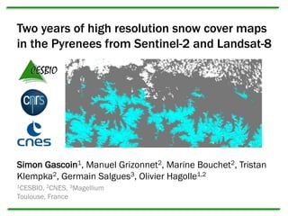 Simon Gascoin1, Manuel Grizonnet2, Marine Bouchet2, Tristan
Klempka2, Germain Salgues3, Olivier Hagolle1,2
1CESBIO, 2CNES, 3Magellium
Toulouse, France
Two years of high resolution snow cover maps
in the Pyrenees from Sentinel-2 and Landsat-8
 