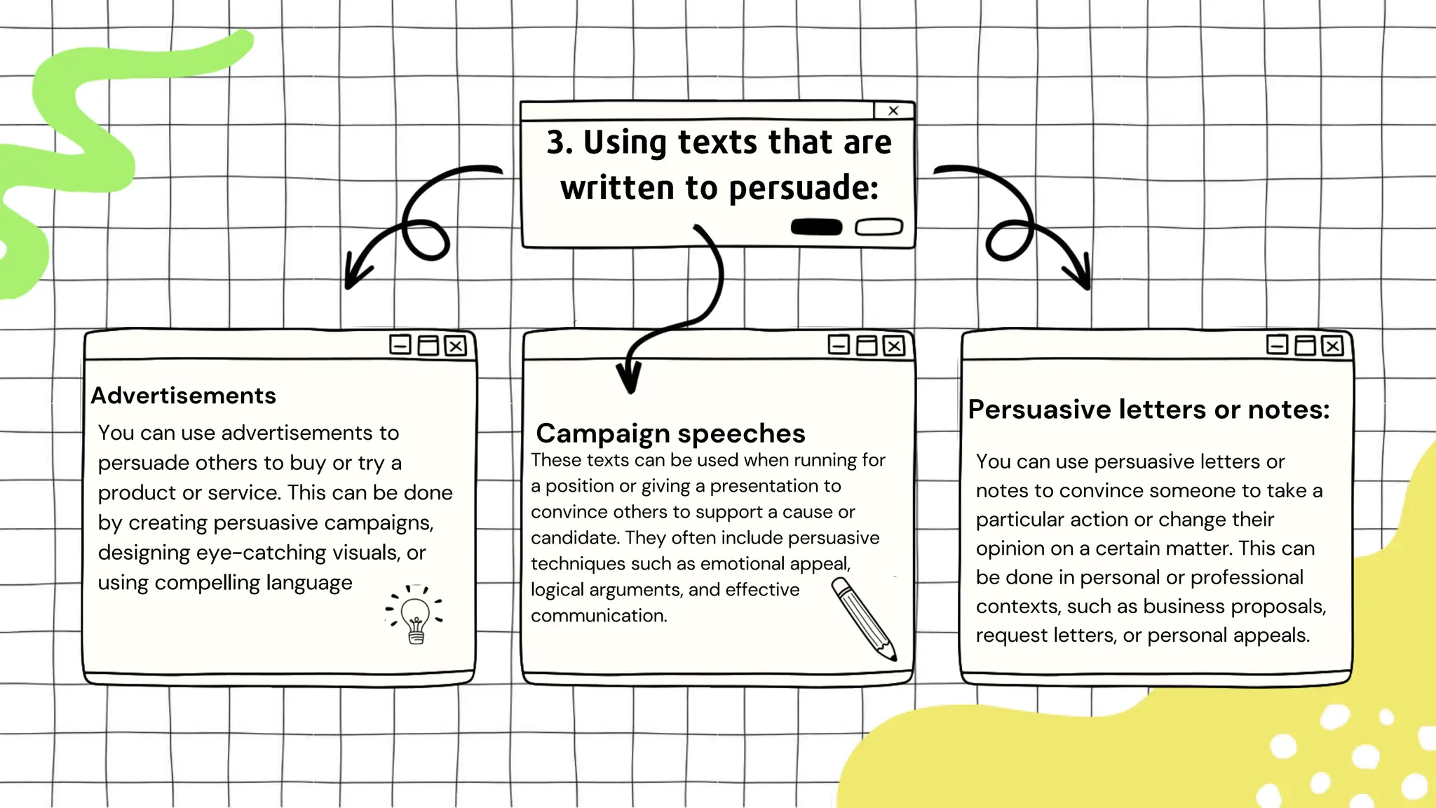 These texts can be used when running for
a position or giving a presentation to
convince others to support a cause or
candidate. They often include persuasive
techniques such as emotional appeal,
logical arguments, and effective
communication.
Campaign speeches
You can use persuasive letters or
notes to convince someone to take a
particular action or change their
opinion on a certain matter. This can
be done in personal or professional
contexts, such as business proposals,
request letters, or personal appeals.
Persuasive letters or notes:
Advertisements
You can use advertisements to
persuade others to buy or try a
product or service. This can be done
by creating persuasive campaigns,
designing eye-catching visuals, or
using compelling language
 