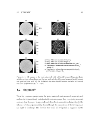 4.2. SUMMARY 83
(a)
500
1000
1500
2000
2500
(b)
500
1000
1500
2000
2500
(c)
500
1000
1500
2000
2500
(d)
0
100
200
300
400
(e)
0
100
200
300
400
(a) Image of the core saturated with liquid C4
.
(b) Image of the core saturated with gas C1
.
(c) Image of the core saturated with the mixture of C1
and C4
.
(d) The difference between the core saturated with liquid C4
and gas C
1
.
(e) The difference between the core saturated with liquid C4
and the mixture of C1
and C4
.
CT(H)
Figure 4.14: CT images of the core saturated with (a) liquid butane (b) gas methane
(c) the mixture of methane and butane and (d) the diﬀerence between liquid butane
and gas methane and (e) the diﬀerence between liquid butane and the mixture of
methane and butane at l = 74mm.
4.2 Summary
These ﬁve example experiments on the binary gas-condensate system demonstrate and
conﬁrm the compositional variation in the gas-condensate ﬂow, even in the constant
pressure-drop ﬂow case. In gas-condensate ﬂow, local composition changes due to the
inﬂuence of relative permeability eﬀect although the composition of the ﬂowing phase
has slight or no change. The reservoir ﬂow would not revaporize as suggested by the
 
