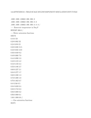 144APPENDIX B. FIELD SCALE MULTICOMPONENT SIMULATION INPUT FILE
.1000 .1000 .130663 .006 .006 .0
.1000 .1000 .130663 .006 .006 .0 .0
.1000 .1000 .130663 .006 .006 .0 .0 .0 /
−− Reservoir temperature in Deg F
RTEMP 200.0 /
−−Water saturation functions
SWFN
0.16 0 50
0.20 0.002 32
0.24 0.010 21
0.28 0.020 15.5
0.32 0.033 12.0
0.36 0.049 9.2
0.40 0.066 7.0
0.44 0.090 5.3
0.48 0.119 4.2
0.52 0.150 3.4
0.56 0.186 2.7
0.60 0.227 2.1
0.64 0.277 1.7
0.68 0.330 1.3
0.72 0.390 1.0
0.76 0.462 0.7
0.8 0.540 0.5
0.84 0.620 0.4
0.88 0.710 0.3
0.92 0.800 0.2
0.96 0.900 0.1
1.00 1.000 0.0 /
−−Gas saturation functions
SGFN
 