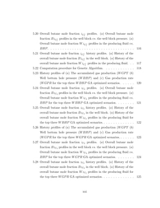 5.20 Overall butane mole fraction zC+
7
proﬁles. (a) Overall butane mole
fraction BzC+
7
proﬁles in the well block vs. the well block pressure. (a)
Overall butane mole fraction WzC+
7
proﬁles in the producing ﬂuid vs.
BHP. . . . . . . . . . . . . . . . . . . . . . . . . . . . . . . . . . . . 116
5.21 Overall butane mole fraction zC+
7
history proﬁles. (a) History of the
overall butane mole fraction BzC+
7
in the well block. (a) History of the
overall butane mole fraction WzC+
7
proﬁles in the producing ﬂuid. . . 117
5.22 Computation procedure for Genetic Algorithm. . . . . . . . . . . . . 118
5.23 History proﬁles of (a) The accumulated gas production (WGPT (b)
Well bottom hole pressure (WBHP) and (c) Gas production rate
(WGPR for the top three WBHP GA optimized scenarios. . . . . . 120
5.24 Overall butane mole fraction zC4 proﬁles. (a) Overall butane mole
fraction BzC4 proﬁles in the well block vs. the well block pressure. (a)
Overall butane mole fraction WzC4 proﬁles in the producing ﬂuid vs.
BHP for the top three WBHP GA optimized scenarios. . . . . . . . 121
5.25 Overall butane mole fraction zC4 history proﬁles. (a) History of the
overall butane mole fraction BzC4 in the well block. (a) History of the
overall butane mole fraction WzC4 proﬁles in the producing ﬂuid for
the top three WBHP GA optimized scenarios. . . . . . . . . . . . . . 122
5.26 History proﬁles of (a) The accumulated gas production (WGPT (b)
Well bottom hole pressure (WBHP) and (c) Gas production rate
(WGPR for the top three WGPR GA optimized scenarios. . . . . . . 123
5.27 Overall butane mole fraction zC4 proﬁles. (a) Overall butane mole
fraction BzC4 proﬁles in the well block vs. the well block pressure. (a)
Overall butane mole fraction WzC4 proﬁles in the producing ﬂuid vs.
BHP for the top three WGPR GA optimized scenarios. . . . . . . . 124
5.28 Overall butane mole fraction zC4 history proﬁles. (a) History of the
overall butane mole fraction BzC4 in the well block. (a) History of the
overall butane mole fraction WzC4 proﬁles in the producing ﬂuid for
the top three WGPR GA optimized scenarios. . . . . . . . . . . . . . 125
xxi
 