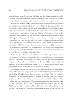 20 CHAPTER 2. CONCEPTS AND LITERATURE REVIEW
showed how the choice between the imbibition and the drainage relative permeabil-
ity curves used in the numerical reservoir simulations could dramatically alter the
productivity forecast for gas-condensate reservoirs below the dewpoint pressure.
Fevang and Whitson (1996) addressed the well deliverability problem in their
gas-condensate modeling, in which they observed that the impairment of the well
deliverability resulting from the near well-bore condensate blockage eﬀect depends
on the phase behavior, absolute and relative permeabilities, and how the well is
being produced. According to Fevang and Whitson (1996), the well deliverability
impairment resulting from the near well-bore condensate blockage depends on the
relative permeability, especially for gas and oil relative permeability ratios (krg/kro)
ranging from 0.05 to 0.3. In their well deliverability calculations, Fevang and Whitson
(1996) approximated the condensate saturation in Region 2 with the liquid dropout
curve from a CV D experiment. This approximation, however, did not account for
the condensate accumulation and the variations of the overall compositions in the
reservoir caused by the liquid build-up, hence it can not accurately estimate the well
deliverability for the condensate blockage eﬀect.
Unfortunately, at this time we do not have a demonstrated capability in the indus-
try to measure the relative permeabilities at reservoir conditions for gas-condensate
systems. Most of the available work has concentrated on the measurement of the
endpoints of the relative permeability curves. A variety of laboratory work is still
underway in both academia and the industry to try to understand the nature of the
relative permeability relationships for gas-condensate systems.
Variations of the ﬂuid ﬂow properties at the time of discovery have also been ob-
served and discussed for many reservoirs around the world (examples include Riemens
and de Jong (1985) for Middle Eastern reservoirs and Schulte (1980) for North Sea
reservoirs). Lee (1989) also presented an example to show the variation of the com-
position and the saturation of a gas-condensate system due to the inﬂuences of the
capillary and gravitational forces. The composition change has also been observed in
the ﬁeld (Yuan et al., 2003). Table 2.2 shows ﬂuid samples for Well K401 and Well
K233, from the Kekeya gas ﬁeld in China. These two wells are from the same reser-
voir and close in location. Three ﬂuid samples were collected in this reservoir: one
 