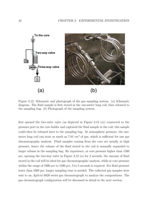 42 CHAPTER 3. EXPERIMENTAL INVESTIGATION
S
p
(a) (b)
Two-way valve
Three-way valve
To the core
Figure 3.12: Schematic and photograph of the gas sampling system. (a) Schematic
diagram. The ﬂuid sample is ﬁrst stored in the one-meter long coil, then released to
the sampling bag. (b) Photograph of the sampling system.
ﬁrst opened the two-valve valve (as depicted in Figure 3.12 (a)) connected to the
pressure port in the core holder and captured the ﬂuid sample in the coil, this sample
could then be released later to the sampling bag. At atmospheric pressure, the one-
meter long coil can store as much as 7.91 cm3
of gas, which is suﬃcient for one gas
chromatography analysis. Fluid samples coming from the core are usually at high
pressure, hence the volume of the ﬂuid stored in the coil is normally expanded to
larger volume in the sampling bag. By experience, at core pressure higher than 1500
psi, opening the two-way valve in Figure 3.12 (a) for 2 seconds, the amount of ﬂuid
stored in the coil will be ideal for gas chromatographic analysis, while at core pressure
within the range of 1000 psi to 1500 psi, 3 to 5 seconds is required. For ﬂuid pressure
lower than 1000 psi, longer sampling time is needed. The collected gas samples were
sent to an Agilent 6820 series gas chromatograph to analyze the compositions. The
gas chromatograph conﬁguration will be discussed in detail in the next section.
 