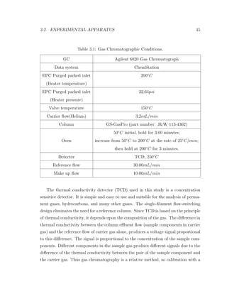 3.2. EXPERIMENTAL APPARATUS 45
Table 3.1: Gas Chromatographic Conditions.
GC Agilent 6820 Gas Chromatograph
Data system ChemStation
EPC Purged packed inlet 200◦
C
(Heater temperature)
EPC Purged packed inlet 22.64psi
(Heater pressure)
Valve temperature 150◦
C
Carrier ﬂow(Helium) 3.2mL/min
Column GS-GasPro (part number: J&W 113-4362)
50◦
C initial, hold for 3.00 minutes;
Oven increase from 50◦
C to 200◦
C at the rate of 25◦
C/min;
then hold at 200◦
C for 3 minutes.
Detector TCD, 250◦
C
Reference ﬂow 30.00mL/min
Make up ﬂow 10.00mL/min
The thermal conductivity detector (TCD) used in this study is a concentration
sensitive detector. It is simple and easy to use and suitable for the analysis of perma-
nent gases, hydrocarbons, and many other gases. The single-ﬁlament ﬂow-switching
design eliminates the need for a reference column. Since TCD is based on the principle
of thermal conductivity, it depends upon the composition of the gas. The diﬀerence in
thermal conductivity between the column eﬄuent ﬂow (sample components in carrier
gas) and the reference ﬂow of carrier gas alone, produces a voltage signal proportional
to this diﬀerence. The signal is proportional to the concentration of the sample com-
ponents. Diﬀerent components in the sample gas produce diﬀerent signals due to the
diﬀerence of the thermal conductivity between the pair of the sample component and
the carrier gas. Thus gas chromatography is a relative method, so calibration with a
 