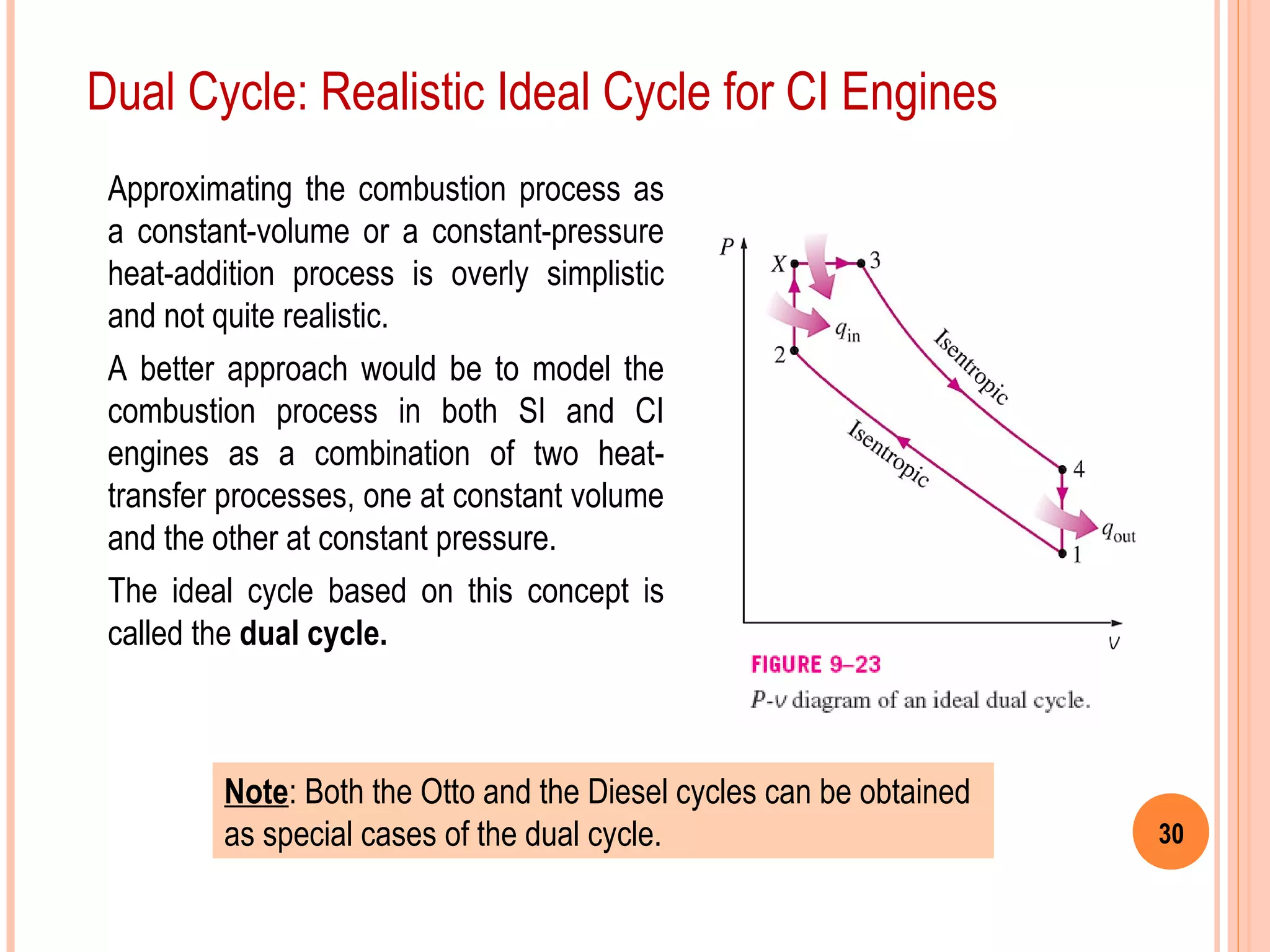 30
Approximating the combustion process as
a constant-volume or a constant-pressure
heat-addition process is overly simplistic
and not quite realistic.
A better approach would be to model the
combustion process in both SI and CI
engines as a combination of two heat-
transfer processes, one at constant volume
and the other at constant pressure.
The ideal cycle based on this concept is
called the dual cycle.
Dual Cycle: Realistic Ideal Cycle for CI Engines
Note: Both the Otto and the Diesel cycles can be obtained
as special cases of the dual cycle.
 