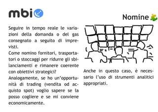 Nomine 
Seguire in tempo reale le varia-zioni 
della domanda o del gas 
consegnato a seguito di impre-visti. 
Come nomino fornitori, trasporta-tori 
o stoccaggi per ridurre gli sbi-lanciamenti 
e rimanere coerente 
con obiettivi strategici? 
Analogamente, se ho un’opportu-nità 
di trading (vendita od ac-quisto 
spot) voglio sapere se la 
posso cogliere e se mi conviene 
economicamente. 
Anche in questo caso, è neces-sario 
l’uso di strumenti analitici 
appropriati. 
 
