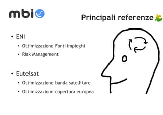 Principali referenze 
• ENI 
• Ottimizzazione Fonti Impieghi 
• Risk Management 
• Eutelsat 
• Ottimizzazione banda satellitare 
• Ottimizzazione copertura europea 
 