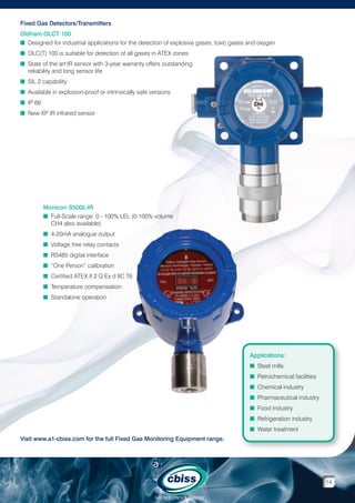 Fixed Gas Detectors/Transmitters
Oldham OLCT 100
n  esigned for industrial applications for the detection of explosive gases, toxic gases and oxygen
D
n  LC(T) 100 is suitable for detection of all gases in ATEX zones
O
n  tate of the art IR sensor with 3-year warranty offers outstanding
S
reliability and long sensor life
n SIL 2 capability
n Available in explosion-proof or intrinsically safe versions
n IP 66
n New XP IR infrared sensor

Monicon S500L-IR
n  ull-Scale range: 0 - 100% LEL (0-100% volume
F
CH4 also available)
n  -20mA analogue output
4
n  oltage free relay contacts
V
n  S485 digital interface
R
n  One Person” calibration
“
n  ertified ATEX II 2 G Ex d IIC T6
C
n  emperature compensation
T
n  tandalone operation
S

Applications:
n Steel mills

n Petrochemical facilities

n Chemical industry

n Pharmaceutical industry

n Food industry

n Refrigeration industry

n Water treatment

Visit www.a1-cbiss.com for the full Fixed Gas Monitoring Equipment range.

14
GAS DETECTION  ANALYSIS

 
