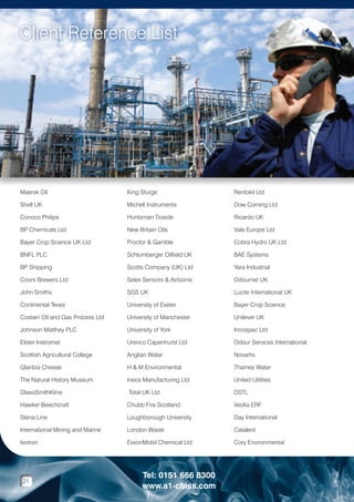 Service  Support
Client Reference List

Maersk Oil

King Sturge

Rentokil Ltd

Shell UK

Michell Instruments

Dow Corning Ltd

Conoco Philips

Huntsman Tioxide

Ricardo UK

BP Chemicals Ltd

New Britain Oils

Vale Europe Ltd

Bayer Crop Science UK Ltd

Proctor  Gamble

Cobra Hydro UK Ltd

BNFL PLC

Schlumberger Oilfield UK

BAE Systems

BP Shipping

Scotts Company (UK) Ltd

Yara Industrial

Coors Brewers Ltd

Selex Sensors  Airborne

Odournet UK

John Smiths

SGS UK

Lucite International UK

Continental Teves

University of Exeter

Bayer Crop Science

Costain Oil and Gas Process Ltd

University of Manchester

Unilever UK

Johnson Matthey PLC

University of York

Innospec Ltd

Elster Instromet

Urenco Capenhurst Ltd

Odour Services International

Scottish Agricultural College

Anglian Water

Novartis

Glanbia Cheese

H  M Environmental

Thames Water

The Natural History Museum

Ineos Manufacturing Ltd

United Utilities

GlaxoSmithKline

Total UK Ltd

DSTL

Hawker Beechcraft

Chubb Fire Scotland

Veolia ERF

Stena Line

Loughborough University

Day International

International Mining and Marine

London Waste

Catalent

Isotron

ExxonMobil Chemical Ltd

Cory Environmental

21

Tel: 0151 666 8300
www.a1-cbiss.com

 