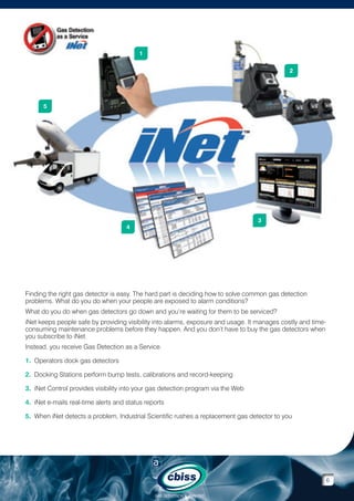 1
2

5

3

4

Finding the right gas detector is easy. The hard part is deciding how to solve common gas detection
problems. What do you do when your people are exposed to alarm conditions?
What do you do when gas detectors go down and you’re waiting for them to be serviced?
iNet keeps people safe by providing visibility into alarms, exposure and usage. It manages costly and timeconsuming maintenance problems before they happen. And you don’t have to buy the gas detectors when
you subscribe to iNet.
Instead, you receive Gas Detection as a Service.
1. Operators dock gas detectors
2. Docking Stations perform bump tests, calibrations and record-keeping

3. iNet Control provides visibility into your gas detection program via the Web

4. iNet e-mails real-time alerts and status reports

5. When iNet detects a problem, Industrial Scientific rushes a replacement gas detector to you


6
GAS DETECTION  ANALYSIS

 