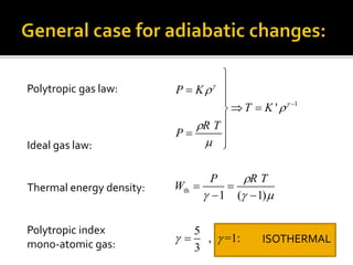1
th
'
1 ( 1)
5
, =1:
3
P K
T K
T
P
P T
W







  
 






 






 
 

R
R
Polytropic gas law:
Ideal gas law:
Thermal energy density:
Polytropic index
mono-atomic gas: ISOTHERMAL
 