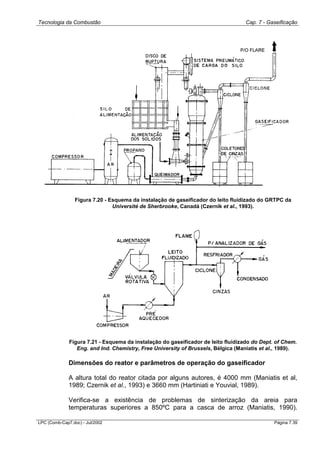 Tecnologia da Combustão Cap. 7 - Gaseificação
LPC (Comb-Cap7.doc) - Jul/2002 Página 7.39
Figura 7.20 - Esquema da instalação de gaseificador do leito fluidizado do GRTPC da
Université de Sherbrooke, Canadá (Czernik et al., 1993).
Figura 7.21 - Esquema da instalação do gaseificador de leito fluidizado do Dept. of Chem.
Eng. and Ind. Chemistry, Free University of Brussels, Bélgica (Maniatis et al., 1989).
Dimensões do reator e parâmetros de operação do gaseificador
A altura total do reator citada por alguns autores, é 4000 mm (Maniatis et al,
1989; Czernik et al., 1993) e 3660 mm (Hartiniati e Youvial, 1989).
Verifica-se a existência de problemas de sinterização da areia para
temperaturas superiores a 850ºC para a casca de arroz (Maniatis, 1990).
 