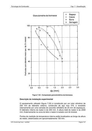 Tecnologia da Combustão Cap. 7 - Gaseificação
LPC (Comb-Cap7.doc) - Jul/2002 Página 7.47
Figura 7.24 - Composição granulométrica da biomassa.
Descrição da instalação experimental
O equipamento utilizado (figura 7.25) é constituído por um tubo cilíndrico de
250 mm de diâmetro externo, construído de aço inox 316, e revestido
internamente por uma camada de concreto refratário de 25 mm de espessura.
O diâmetro interno do reator é de 200 mm. A altura total do reator é de 2000
mm. Externamente na zona do leito o reator é isolado com lã mineral.
Pontos de medição da temperatura interna estão localizados ao longo da altura
do reator, distanciados em aproximadamente 150 mm.
 