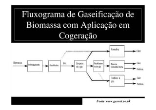 Outras Aplicações da Gaseificação de
Biomassa
• Produção de gás de síntese para uso em
Síntese Fischer-Tropsch,
CO + H2 + N2 HC + H2O + N2 + CO2
• Produção de H2 para alimentar célula de
combustível
• Produção de metanol
 