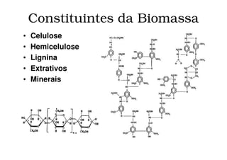 Outras Formas de Analisar a
Biomassa
Análise Elementar
• C
• H
• O
• N
• S
• Cl
• Si, etc
Análise Imediata
• Carbono fixo
• Matéria volátil
• Umidade
• Teor de cinzas
 