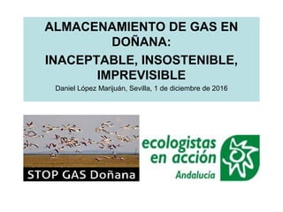 ALMACENAMIENTO DE GAS EN
DOÑANA:
INACEPTABLE, INSOSTENIBLE,
IMPREVISIBLE
Daniel López Marijuán, Sevilla, 1 de diciembre de 2016
 