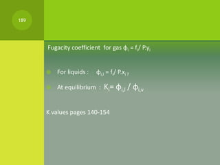 Fugacity coefficient for gas φi = fi/ P.yi
 For liquids : φi,l = fi/ P.xi ?
 At equilibrium : Ki= φi,l / φi,v
K values p...