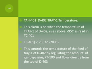  TAH-401 D-402 TRAY-1 Temperature:
 This alarm is on when the temperature of
TRAY-1 of D-402, rises above -95C as read i...
