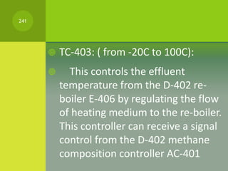  TC-403: ( from -20C to 100C):
 This controls the effluent
temperature from the D-402 re-
boiler E-406 by regulating the...