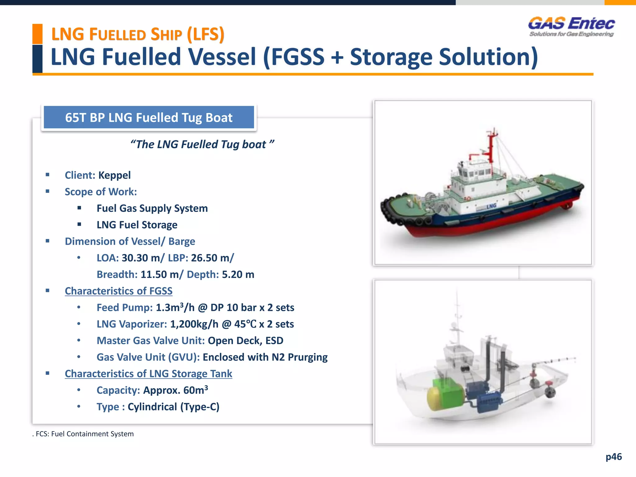 LNG Fuelled Vessel (FGSS + Storage Solution)
“The LNG Fuelled Tug boat ”
 Client: Keppel
 Scope of Work:
 Fuel Gas Supply System
 LNG Fuel Storage
 Dimension of Vessel/ Barge
• LOA: 30.30 m/ LBP: 26.50 m/
Breadth: 11.50 m/ Depth: 5.20 m
 Characteristics of FGSS
• Feed Pump: 1.3m3/h @ DP 10 bar x 2 sets
• LNG Vaporizer: 1,200kg/h @ 45℃ x 2 sets
• Master Gas Valve Unit: Open Deck, ESD
• Gas Valve Unit (GVU): Enclosed with N2 Prurging
 Characteristics of LNG Storage Tank
• Capacity: Approx. 60m3
• Type : Cylindrical (Type-C)
65T BP LNG Fuelled Tug Boat
Project Images 2
. FCS: Fuel Containment System
LNG FUELLED SHIP (LFS)
p46
 