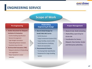 ENGINEERING SERVICE
p4
Scope of Work
 Tender Document for Shipyard
Invitation & Evaluation
⁻ Outline Building Specification
⁻ General Arrangement
⁻ Light Weight Calculation
⁻ Shipbuilding Master Schedule
⁻ Quotation base formats
 Technical Bid Evaluation (TBE)
⁻ Shipyard selection & Shipbuilding
cost negotiation
⁻ Major Equipment vendor
selection
Pre-Engineering
 Basic & Detail Design for
Small/ Mid LNG Carrier
⁻ Hull & Structure
⁻ Cargo Containment System (CCS)
⁻ Cargo Handling System (CHS)
⁻ Hull & Machinery Outfitting
⁻ Electric & Automation
 Procurement & Practice
⁻ Purchasing Order Specification
⁻ Equipment for Cargo Handling
System
Shipbuilding
Engineering & Design
 Master & Sub. Build scheduling
 Shipbuilding supervising for
CCS & CHS
 Coordination for Owner,
Shipyard, Class Society, Vendor
and third party authorities.
Project Management
 
