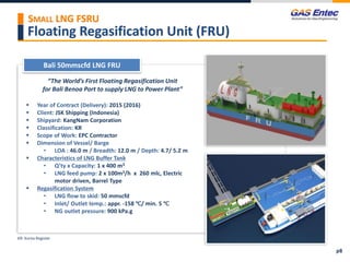 Floating Regasification Unit (FRU)
SMALL LNG FSRU
Bali 50mmscfd LNG FRU
Project Images 2
Project Images 1
“The World’s First Floating Regasification Unit
for Bali Benoa Port to supply LNG to Power Plant”
 Year of Contract (Delivery): 2015 (2016)
 Client: JSK Shipping (Indonesia)
 Shipyard: KangNam Corporation
 Classification: KR
 Scope of Work: EPC Contractor
 Dimension of Vessel/ Barge
• LOA : 46.0 m / Breadth: 12.0 m / Depth: 4.7/ 5.2 m
 Characteristics of LNG Buffer Tank
• Q’ty x Capacity: 1 x 400 m3
• LNG feed pump: 2 x 100m3/h x 260 mlc, Electric
motor driven, Barrel Type
 Regasification System
• LNG flow to skid: 50 mmscfd
• Inlet/ Outlet temp.: appr. -158 ℃/ min. 5 ℃
• NG outlet pressure: 900 kPa.g
KR: Korea Register
p8
 