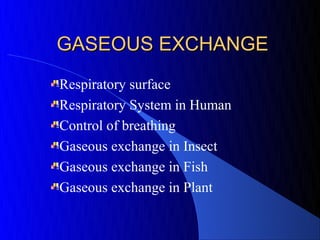 GASEOUS EXCHANGE
Respiratory surface
Respiratory System in Human
Control of breathing
Gaseous exchange in Insect
Gaseous exchange in Fish
Gaseous exchange in Plant
 
