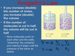 Avogadro’s Law
• If you increase (double)
the number of moles,
you increase (double)
the volume
• If the number of
molecules is cut in half,
the volume will be cut in
half
– More molecules push on
each other and the walls,
“stretching” the container
and making it larger until the
pressure is the same as
before
V1
n1
=
V2
n2
V ∝ n
anV =
 