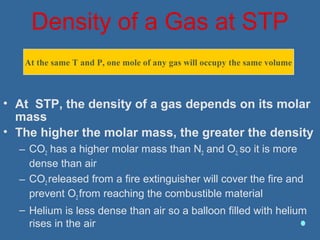Density of a Gas at STP
• At STP, the density of a gas depends on its molar
mass
• The higher the molar mass, the greater the density
– CO2 has a higher molar mass than N2 and O2, so it is more
dense than air
– CO2 released from a fire extinguisher will cover the fire and
prevent O2 from reaching the combustible material
– Helium is less dense than air so a balloon filled with helium
rises in the air
At the same T and P, one mole of any gas will occupy the same volume
 