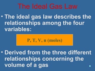 The Ideal Gas Law
• The ideal gas law describes the
relationships among the four
variables:
• Derived from the three different
relationships concerning the
volume of a gas
P, T, V, n (moles)
 