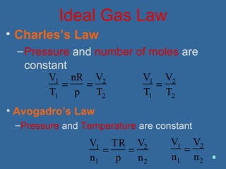 Ideal Gas Law
• Charles’s Law
–Pressure and number of moles are
constant
V1
T1
=
nR
p
=
V2
T2
V1
T1
=
V2
T2
• Avogadro’s Law
–Pressure and Temperature are constant
V1
n1
=
TR
p
=
V2
n2
V1
n1
=
V2
n2
 