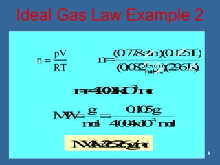 Ideal Gas Law Example 2
n =
pV
RT
n=
(0.778atm)(0.125L)
(0.082L•atm
mol•K)(296K)
n=4.004x10−3
mol
MW=
g
mol
=
0.105g
4.004x10−3
mol
MW=26.26g/mol
 