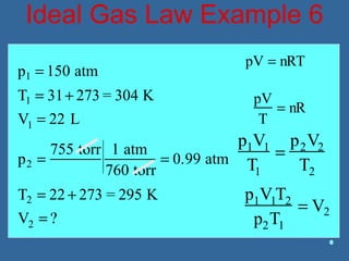 Ideal Gas Law Example 6
p1 = 150 atm
T1 = 31+ 273 = 304 K
V1 = 22 L
p1V1
T1
=
p2V2
T2
p1V1T2
p2T1
= V2
p2 =
755 torr 1 atm
760 torr
= 0.99 atm
T2 = 22 + 273 = 295 K
V2 = ?
pV
T
= nR
pV = nRT
 