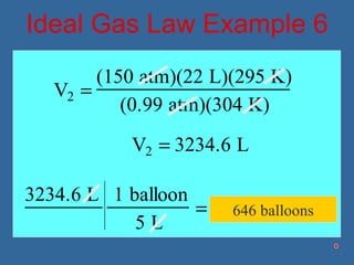 Ideal Gas Law Example 6
V2 =
(150 atm)(22 L)(295 K)
(0.99 atm)(304 K)
V2 = 3234.6 L
3234.6 L 1 balloon
5 L
= 646.9 balloons646 balloons
 